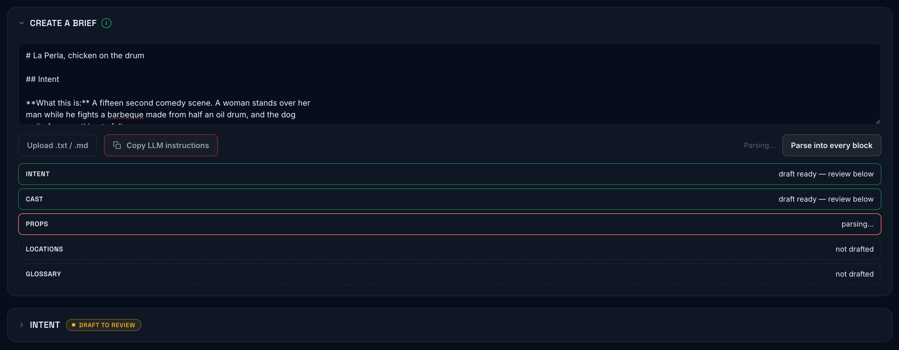 The parse in flight, the progress list showing blocks landing one at a time