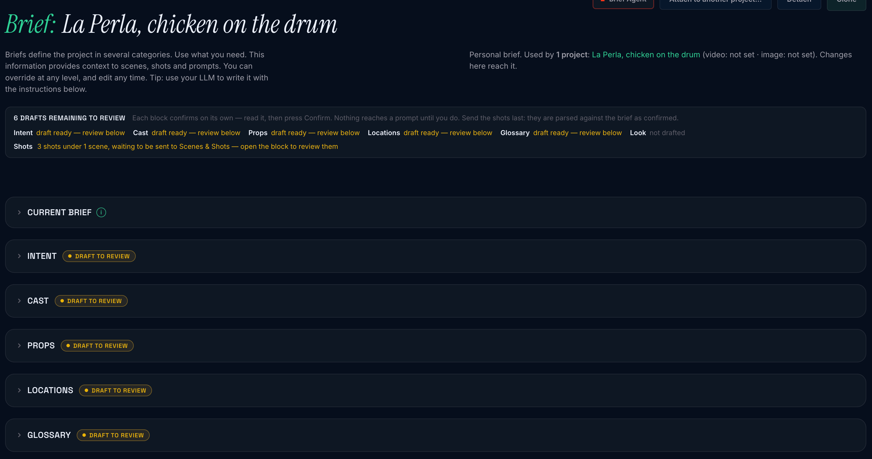 The brief page after the parse, every block amber with a draft waiting for review