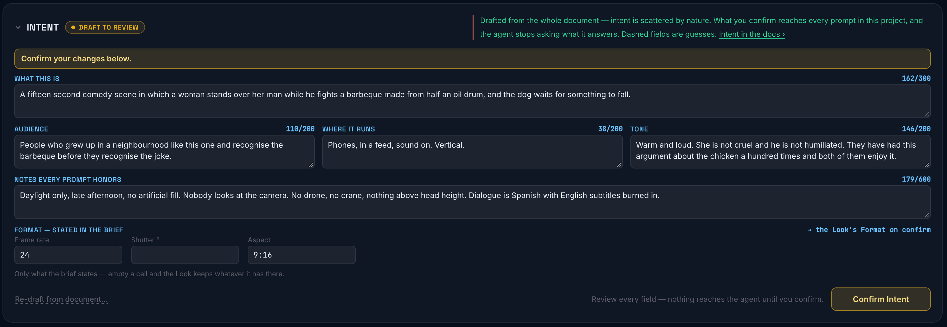 The Intent block populated from the document, its fields filled, the amber Confirm button waiting