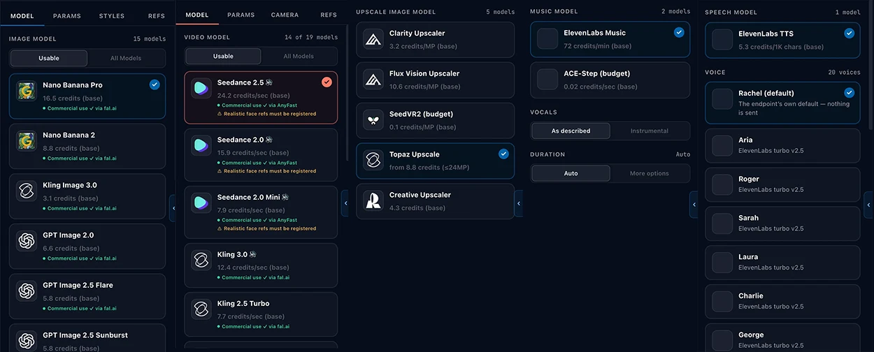 The inspector Model tab in five modes side by side (image, video, upscale, music and speech), each with its own model cards