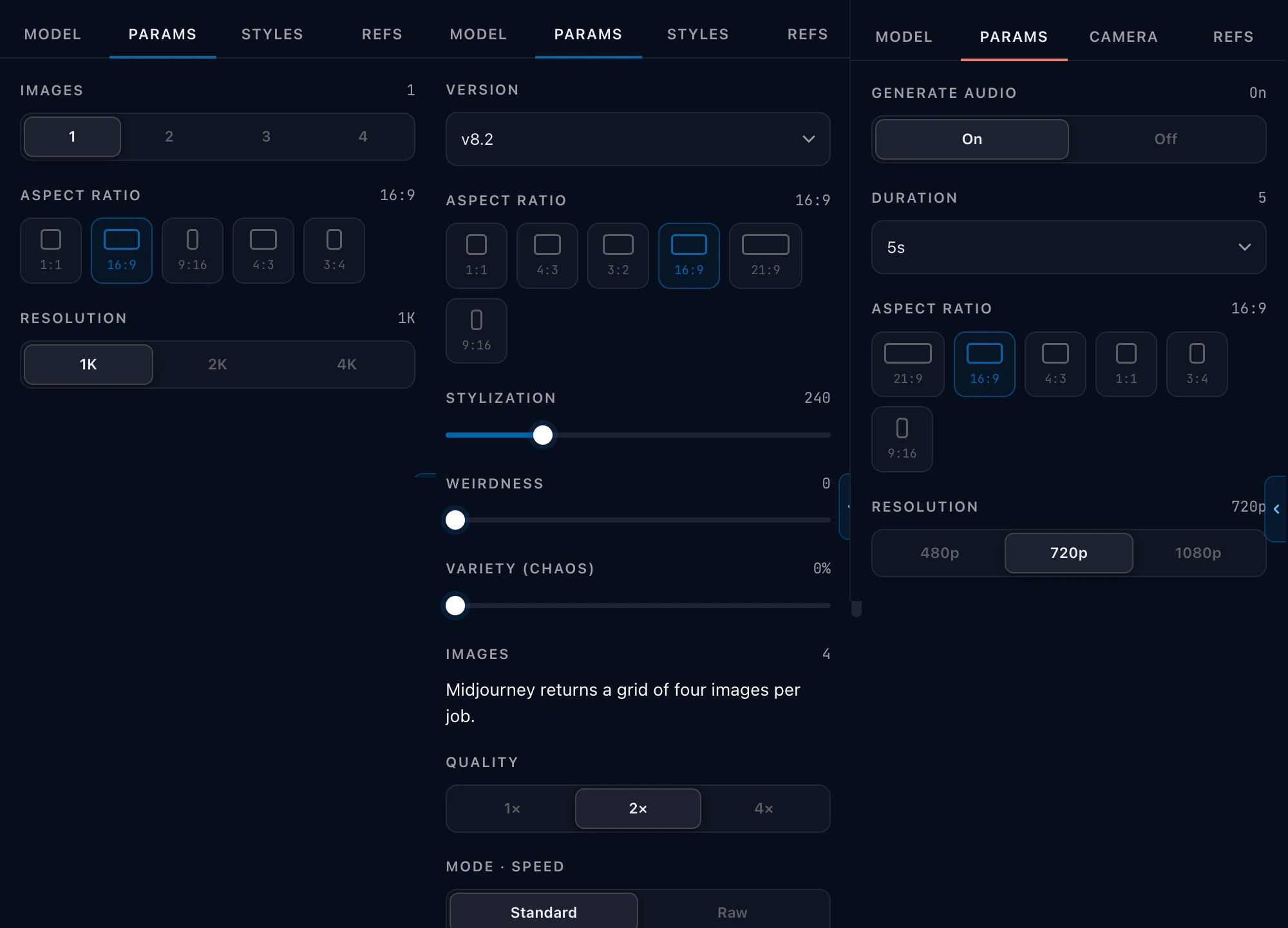 The inspector Params tab for three models side by side (an image model, Midjourney and a video model), each showing aspect ratio and its own parameters