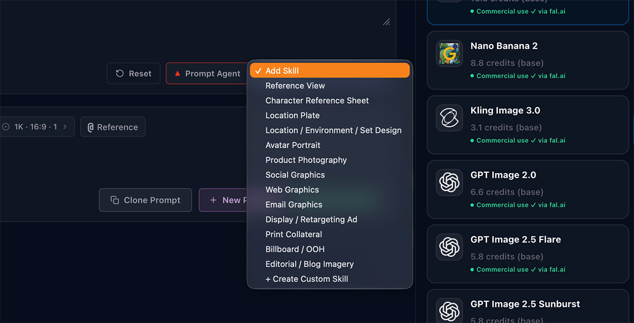The composer footer with the Prompt Agent button and the Skill picker open beside it, listing the built-in Skills