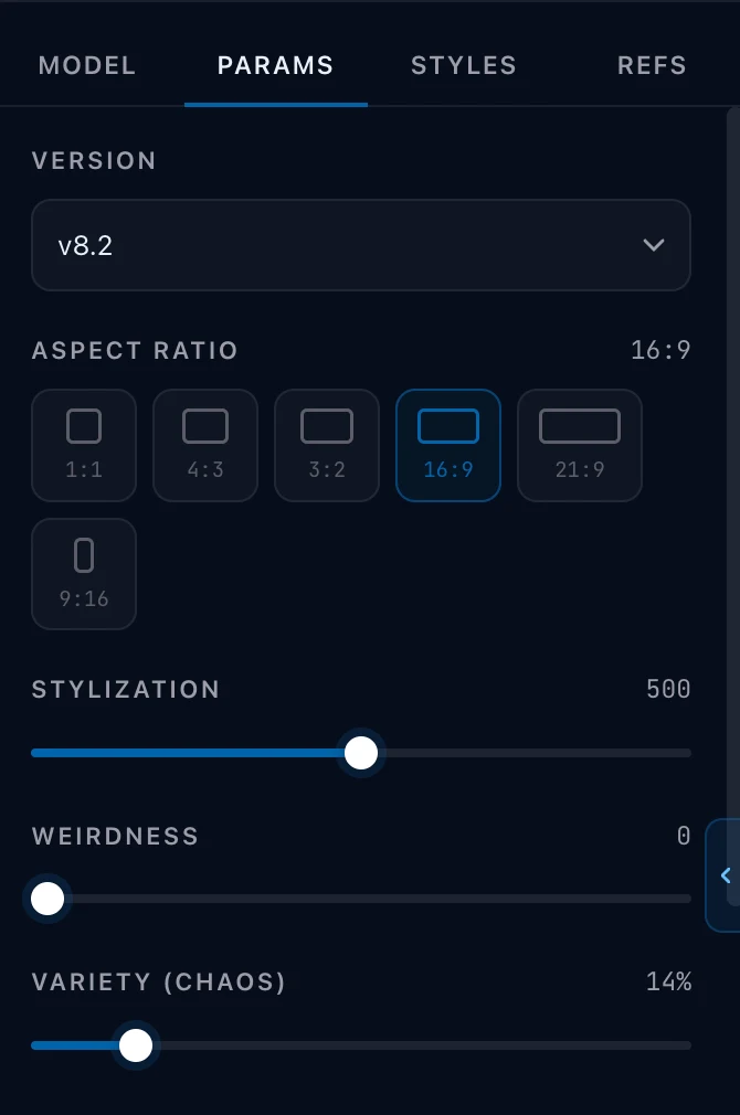 The Midjourney parameter panel with version, aspect ratio and the three sliders