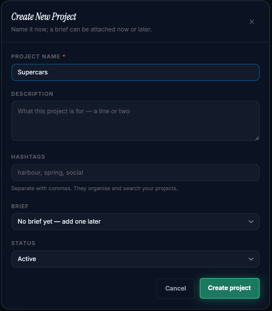The create-project dialog with its Brief picker open, offering no brief, a new brief, or one of your existing briefs