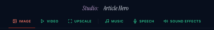 The Studio mode tabs (Image, Video, Upscale, Music, Speech and Sound Effects) with Image selected