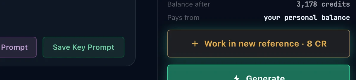 The Work in new reference button above Generate, beside a prompt that does not mention its attached picture
