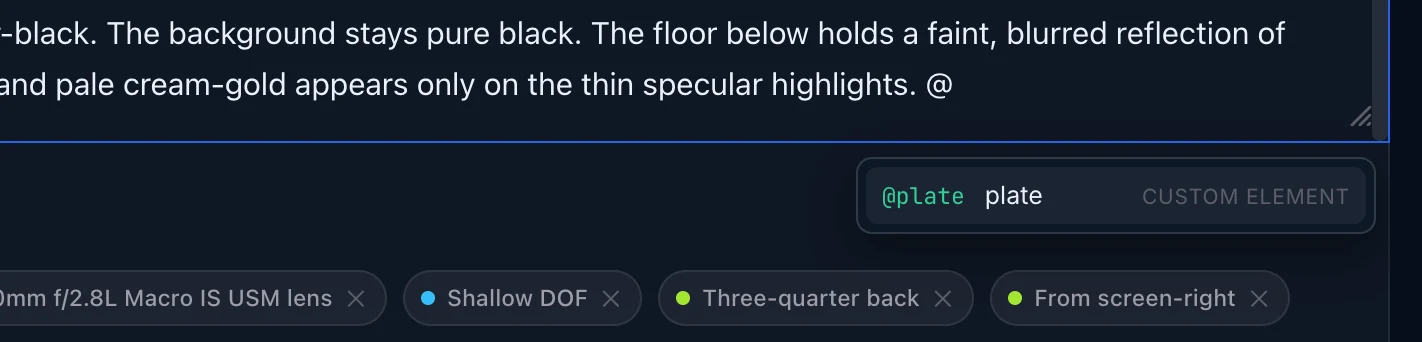 The reference picker open in the prompt box after typing an @