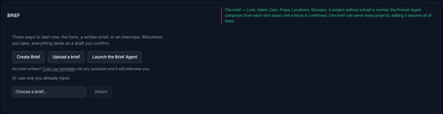 The empty-state page for a project with no brief, offering all three ways in: Create Brief, Upload a brief, Launch the Brief Agent