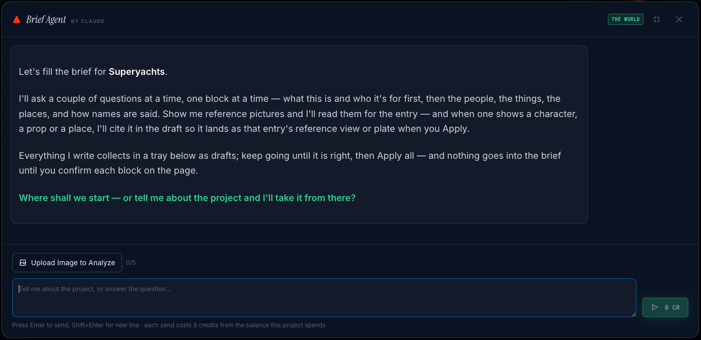 The Brief Agent dialog mid-conversation, with proposed drafts collected in the tray below and an Apply all action