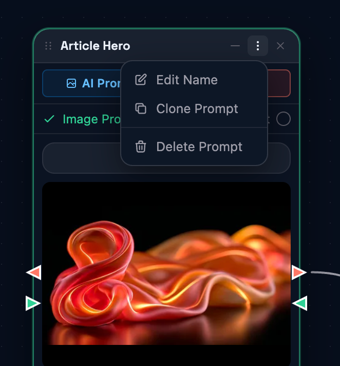 A prompt card on the canvas with its action row and the three-dot menu open